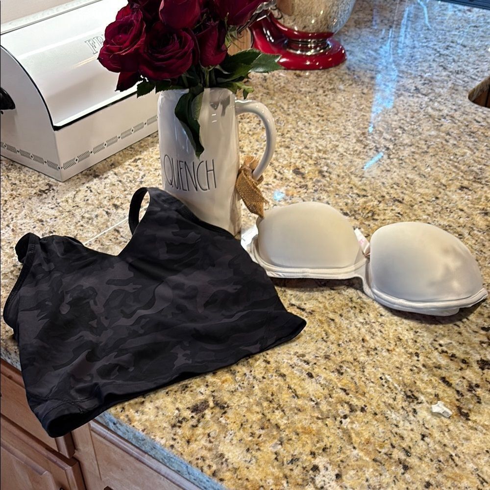 Black Camouflage Bralette and Pink White Strapless Bra
